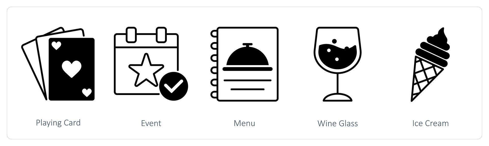 A set of 5 Party and Celebration icons as playing card, event, menu vector