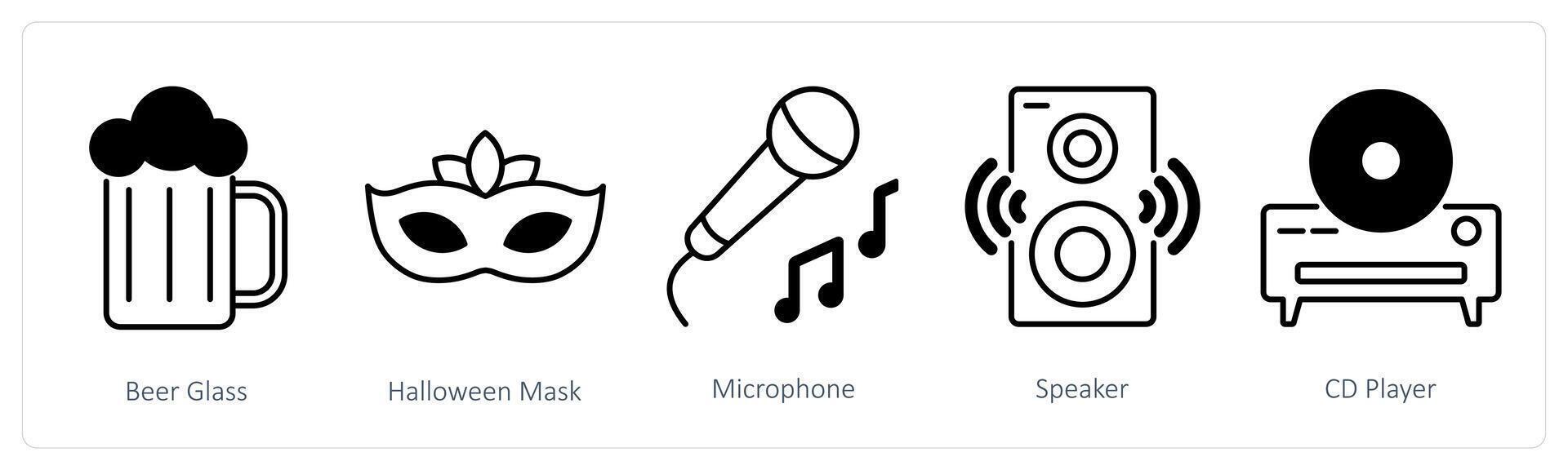 A set of 5 Party and Celebration icons as beer glass, halloween mask, microphone vector