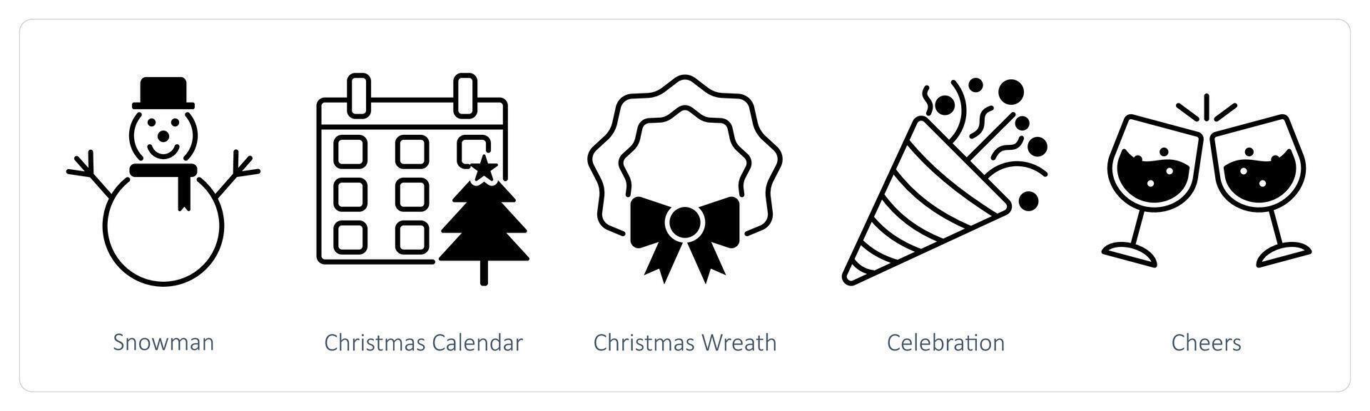 A set of 5 Party and Celebration icons as snowman, christmas calendar, christmas wreath vector