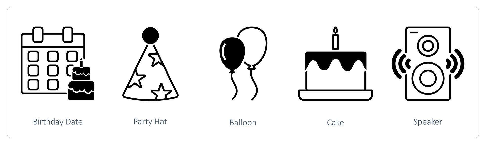 A set of 5 Party and Celebration icons as birthday date, party hat, balloon vector