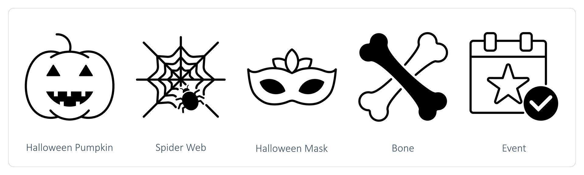 A set of 5 Party and Celebration icons as halloween pumpkin, spider web, halloween mask vector