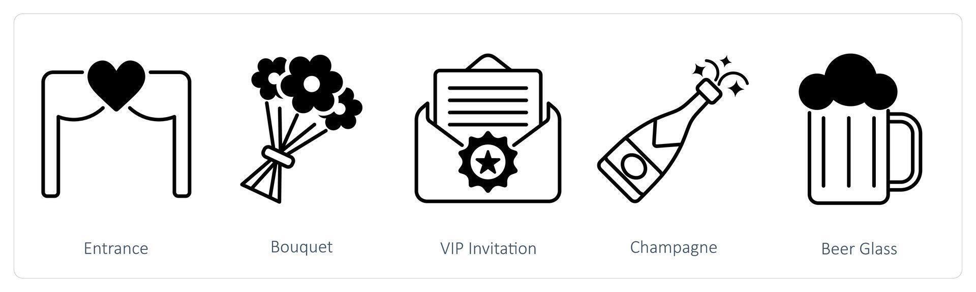 A set of 5 Party and Celebration icons as entrance, bouquet, vip invitation vector