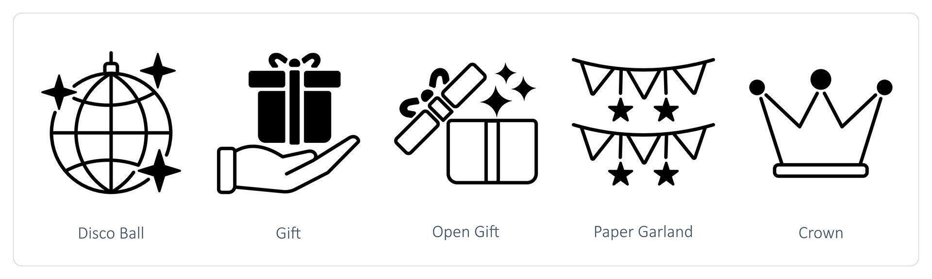 A set of 5 Party and Celebration icons as disco ball, gift, open gift vector