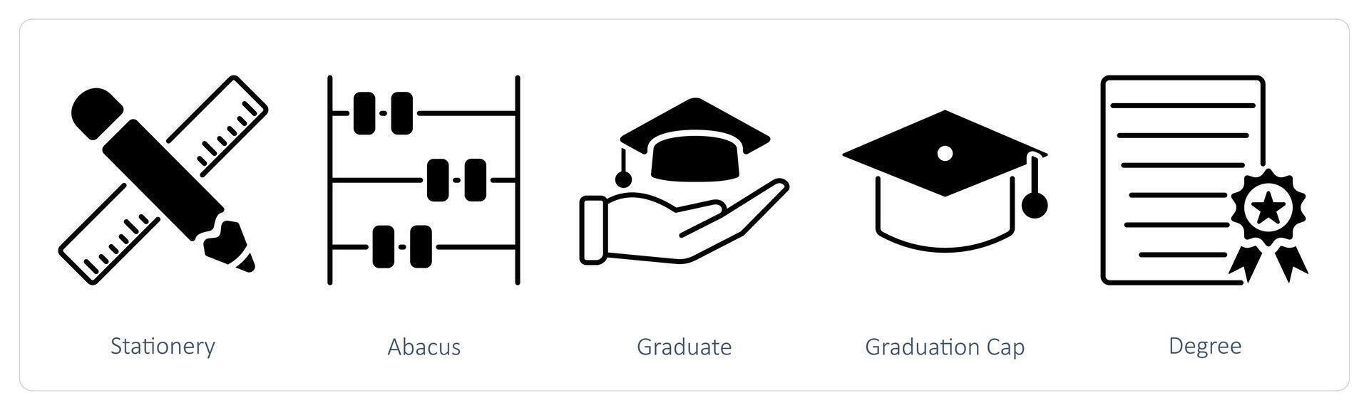 A set of 5 School and Education icons as stationery, abacus, graduate vector