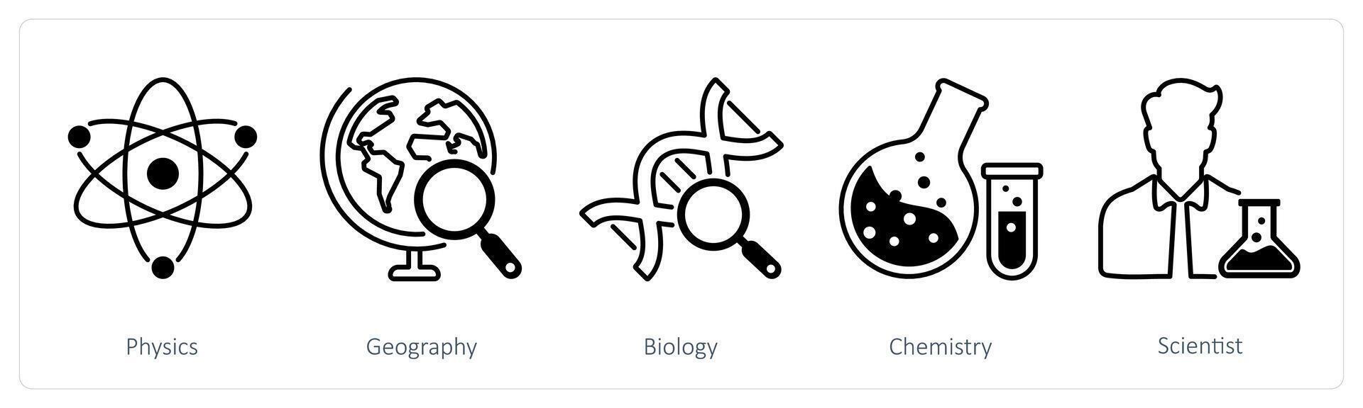 A set of 5 School and Education icons as physics, geography, biology vector