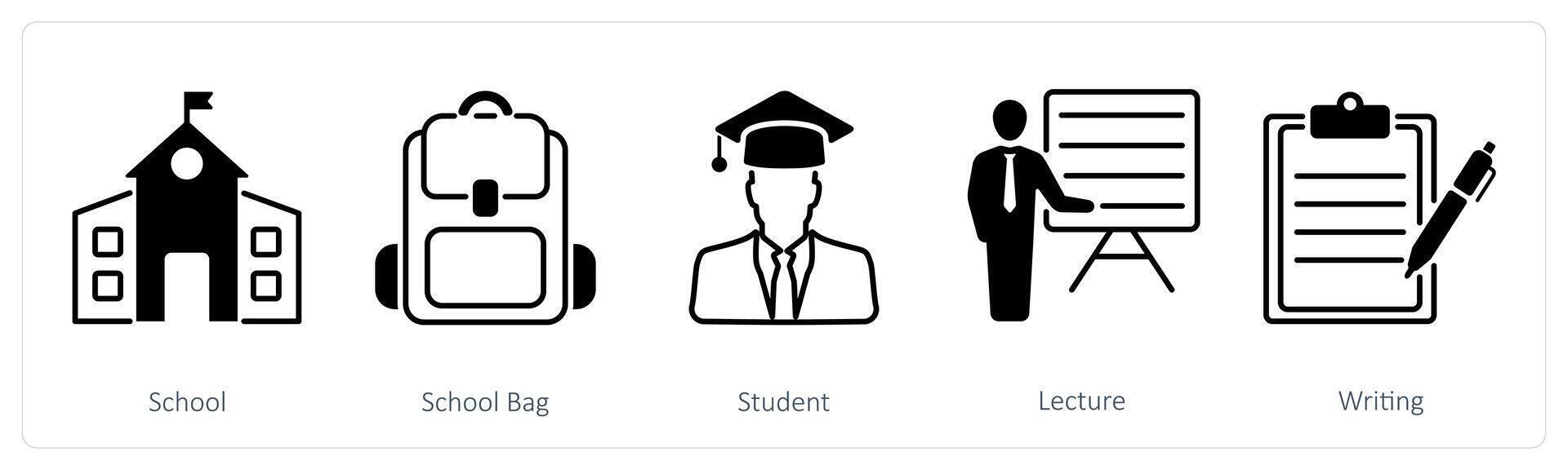 A set of 5 School and Education icons as school, school bag, student vector