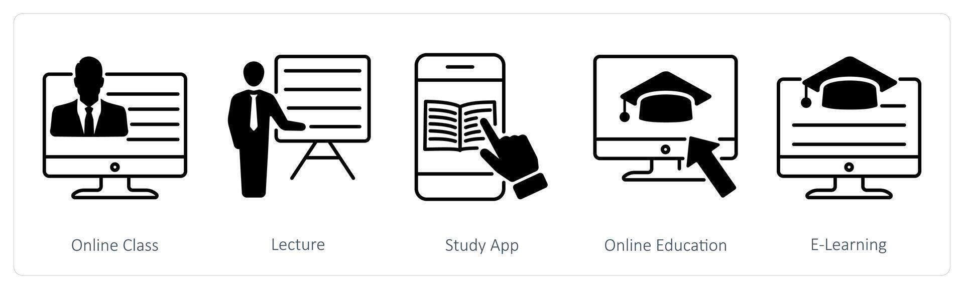 A set of 5 School and Education icons as online class, lecture, study app vector