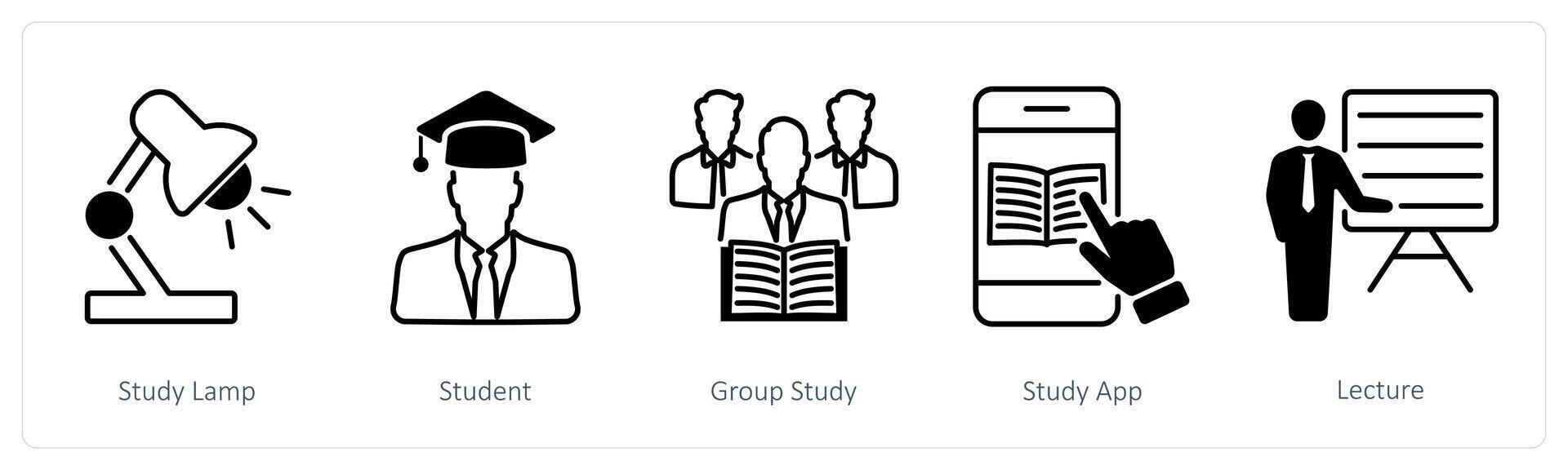 A set of 5 School and Education icons as study lamp, student, group study vector