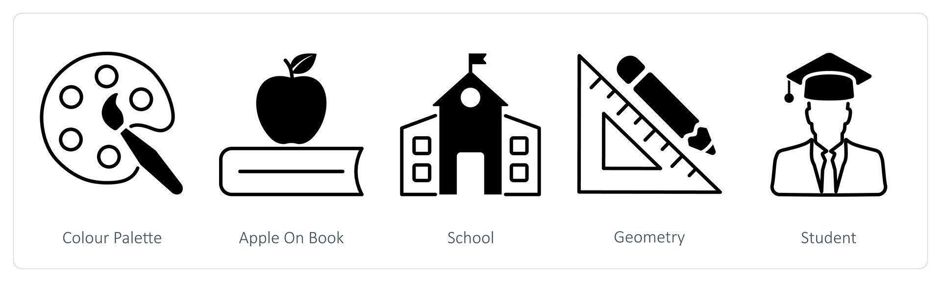 A set of 5 School and Education icons as color palette, apple on book, school vector