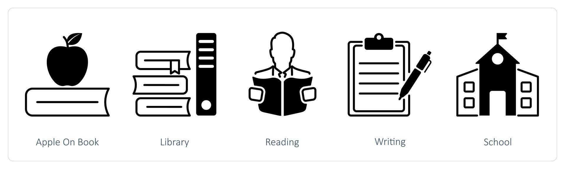 A set of 5 School and Education icons as apple on book, library, reading vector