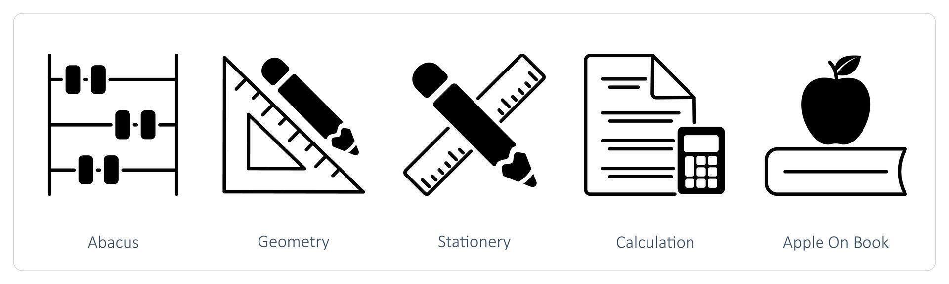 A set of 5 School and Education icons as abacus, geometry, stationery vector