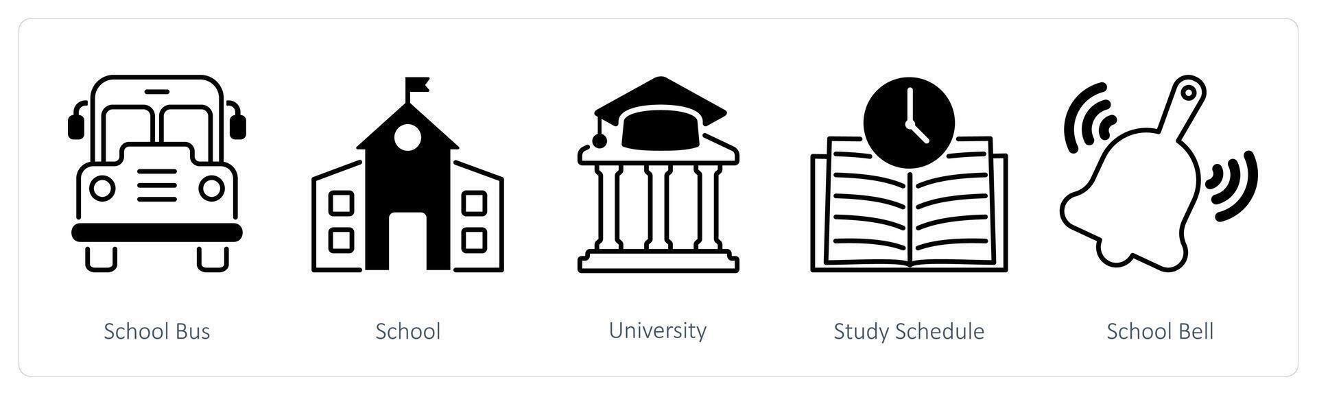 A set of 5 School and Education icons as school bus, school, university vector