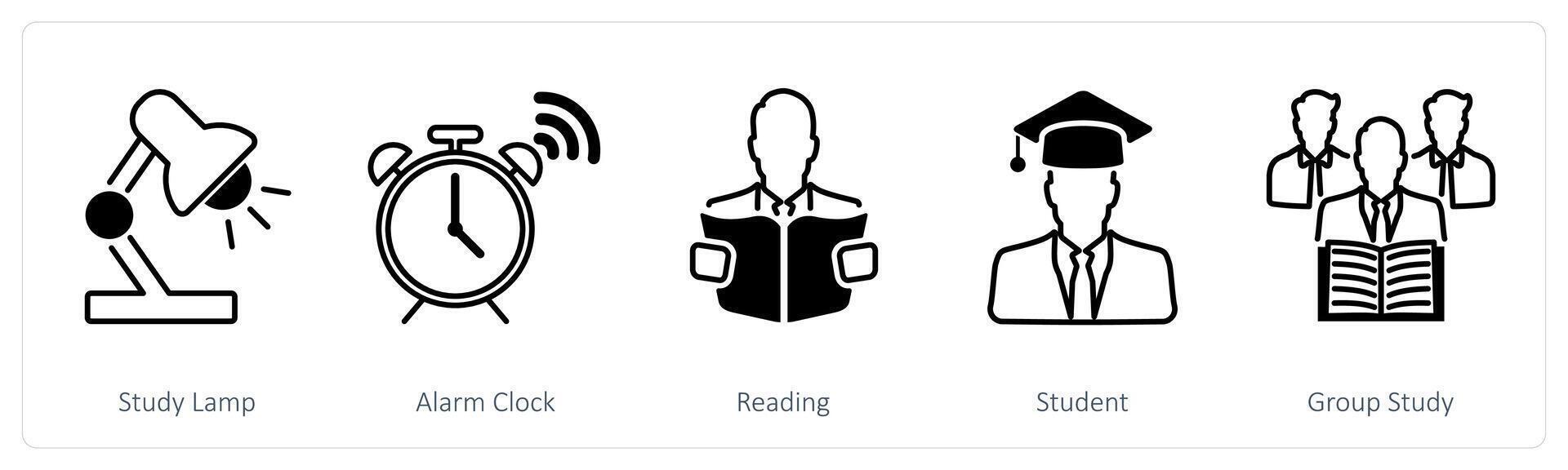 A set of 5 School and Education icons as study lamp, alarm clock, reading vector