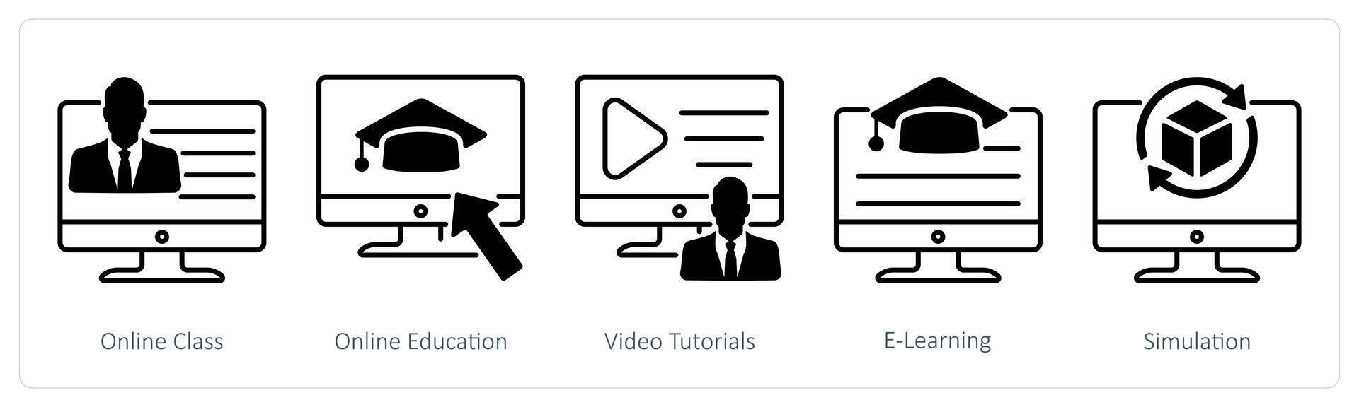 A set of 5 School and Education icons as online class, online education, media tutorials vector