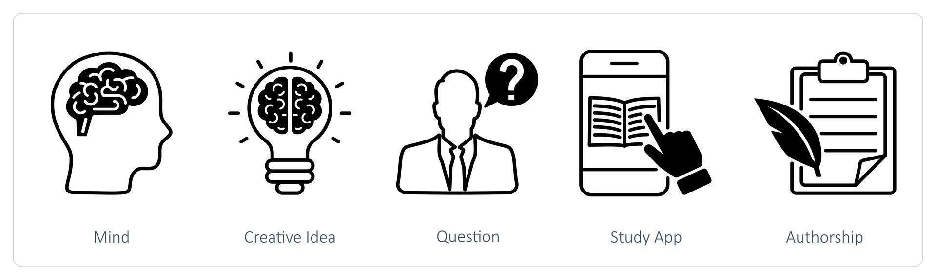 A set of 5 School and Education icons as mind, creative idea, question vector