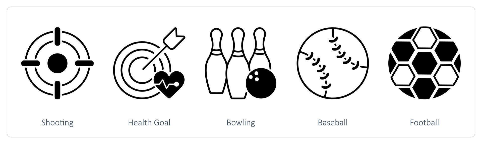 A set of 5 Sports and Fitness icons as shooting, health goal, bowling vector