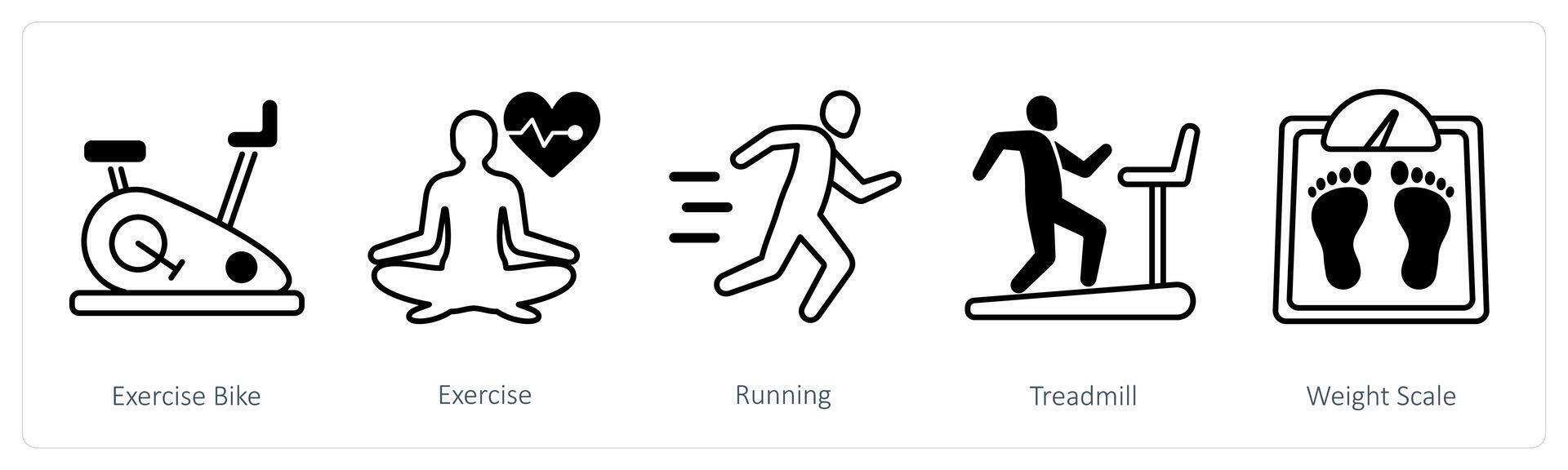 A set of 5 Sports and Fitness icons as exercise bike, exercise, running vector