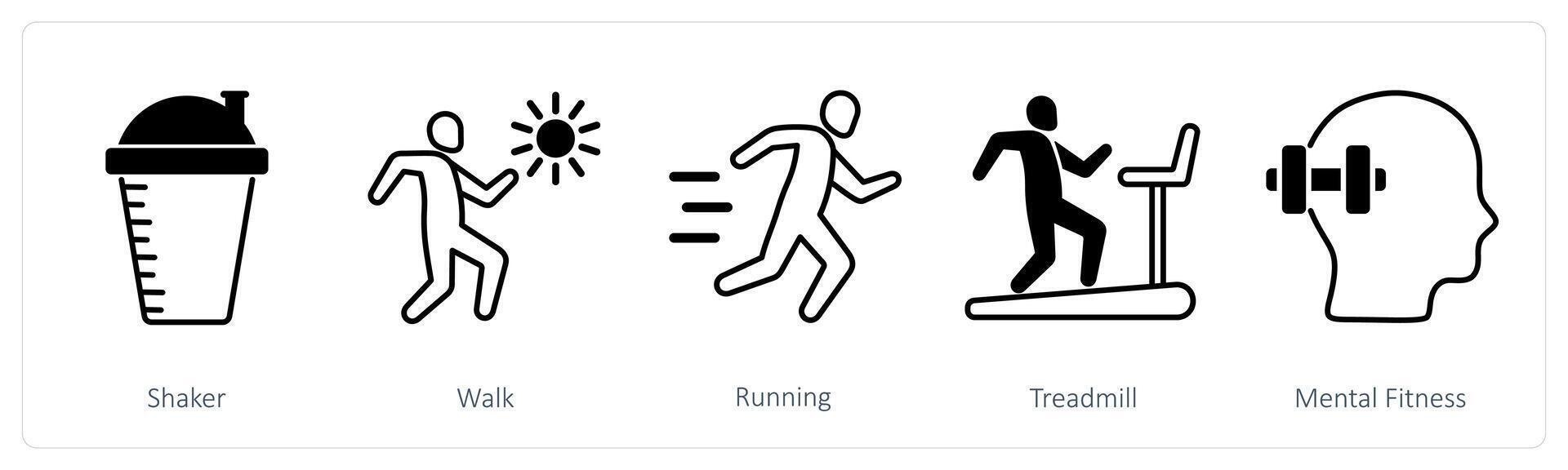 A set of 5 Sports and Fitness icons as shaker, walk, running vector