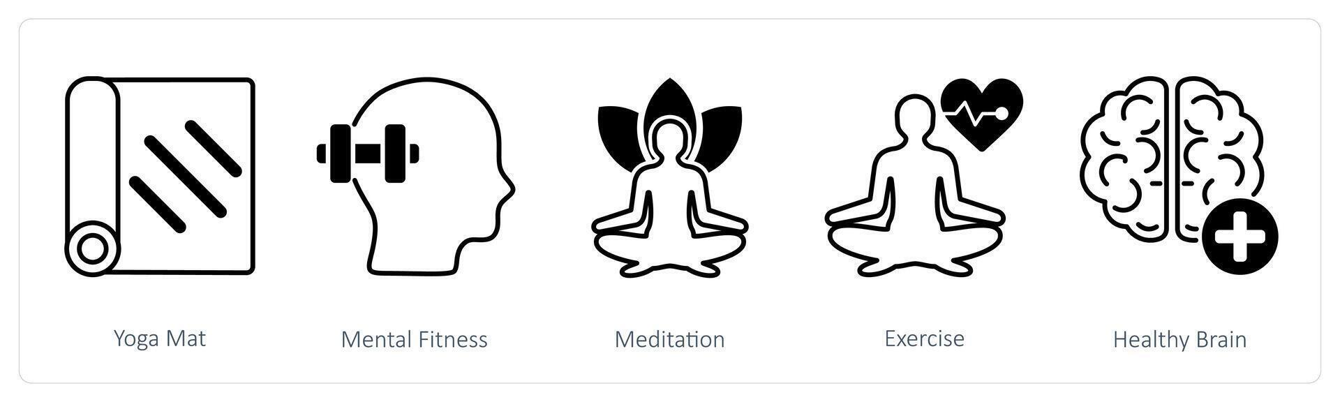A set of 5 Sports and Fitness icons as yoga mat, mental fitness, meditation vector