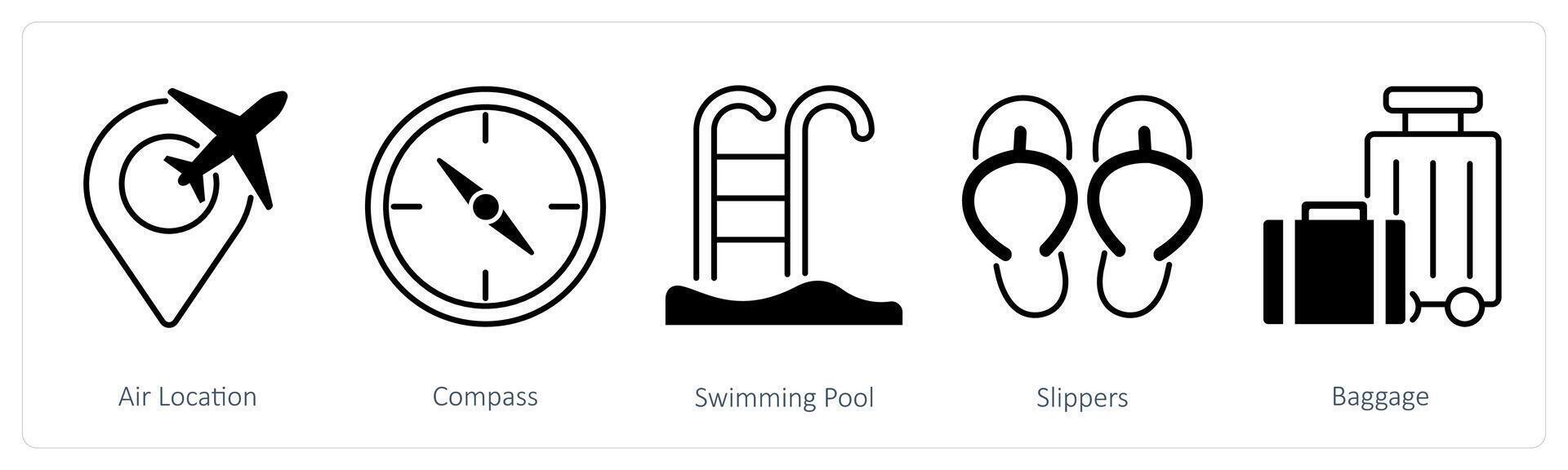 A set of 5 Summer and Travel icons as air location, compass, swimming pool vector