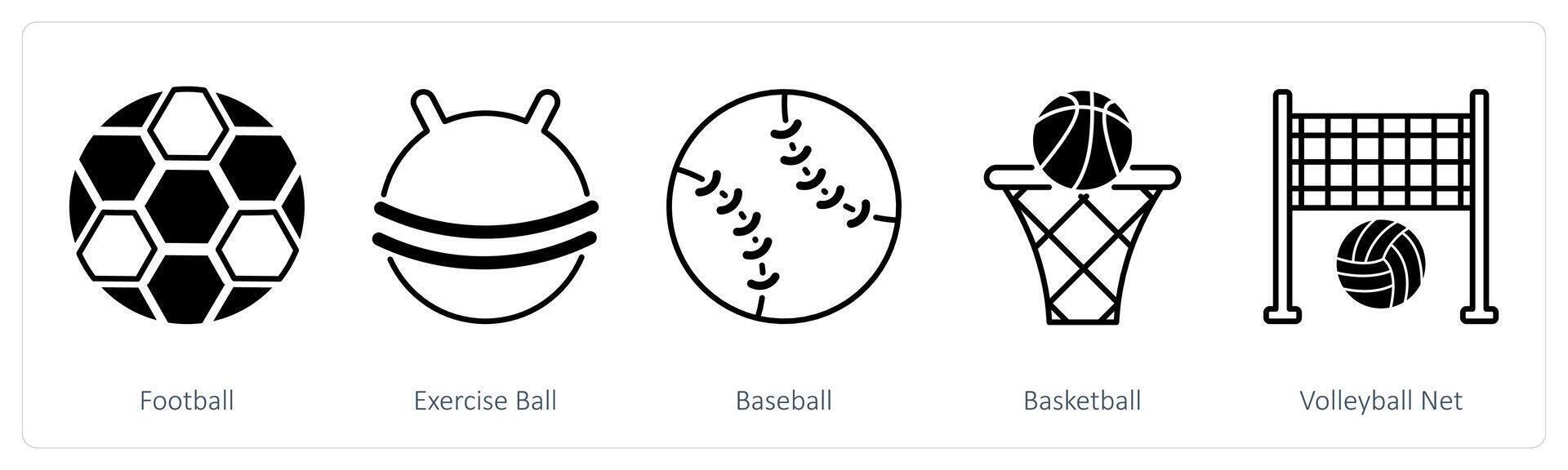 A set of 5 Sports and Fitness icons as football, exercise ball, baseball vector
