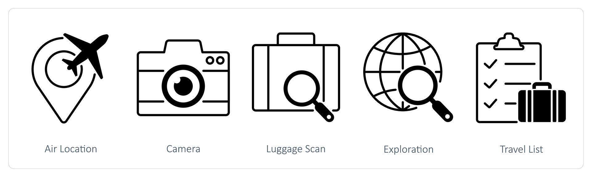 A set of 5 Summer and Travel icons as air location, camera, luggage scan vector