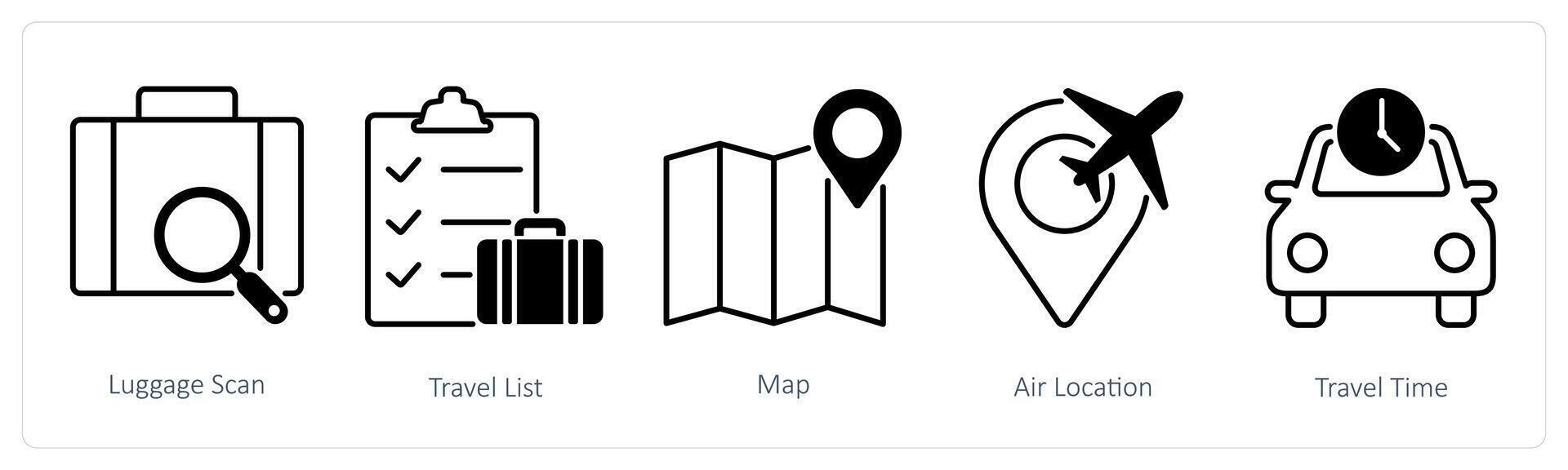 A set of 5 Summer and Travel icons as luggage scan, travel list, map vector
