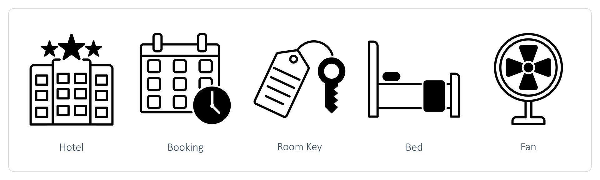 A set of 5 Summer and Travel icons as hotel, booking, room key vector