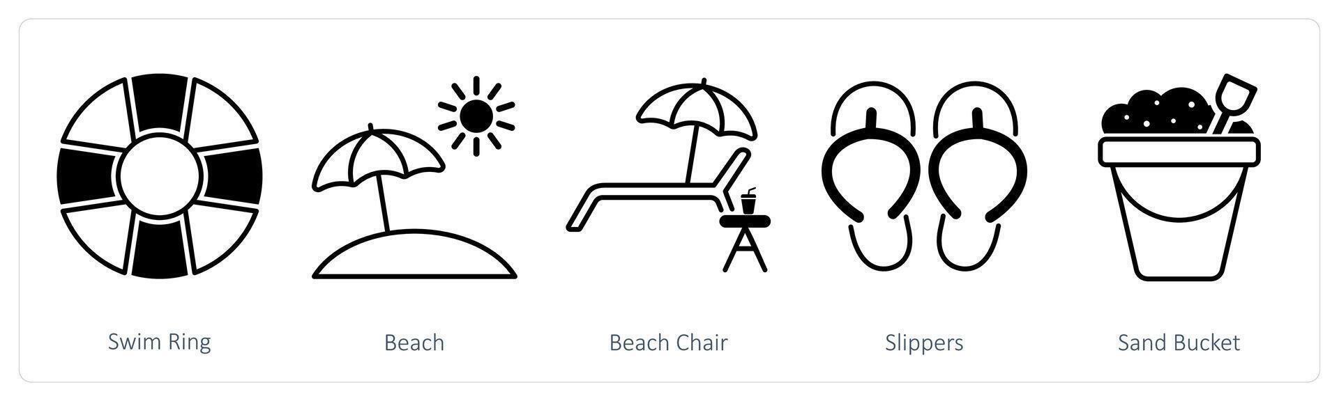 A set of 5 Summer and Travel icons as swim ring, beach, beach chair vector