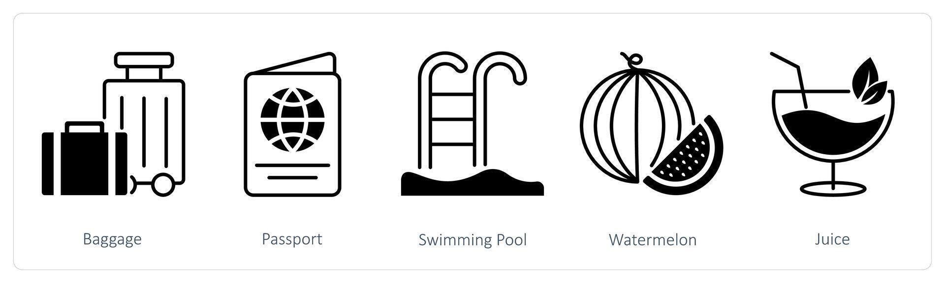 A set of 5 Summer and Travel icons as baggage, passport, swimming pool vector