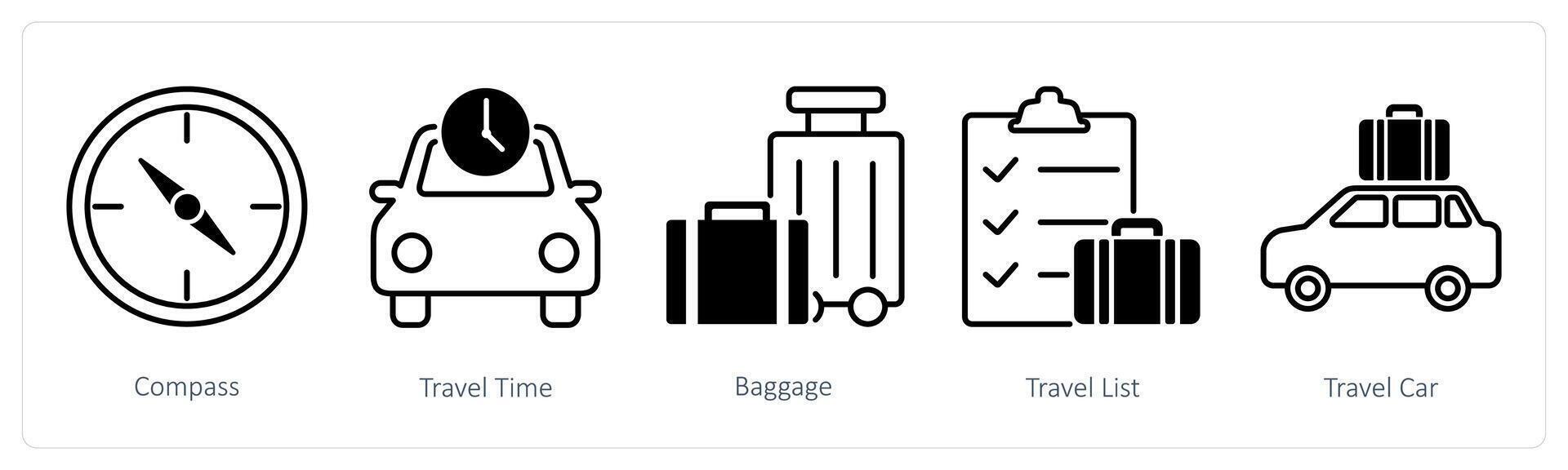 A set of 5 Summer and Travel icons as compass, travel time, baggage vector