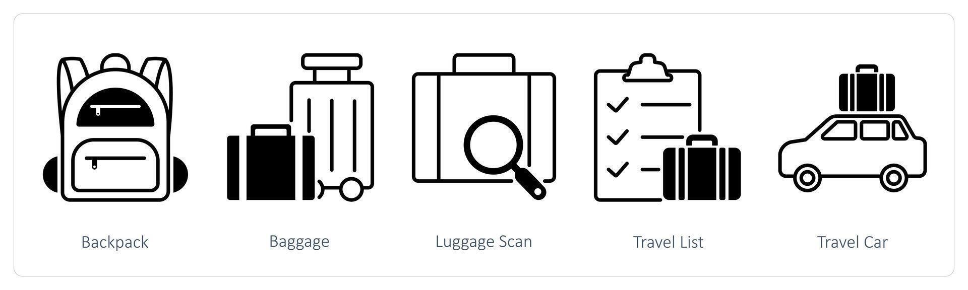 A set of 5 Summer and Travel icons as backpack, baggage, luggage scan vector