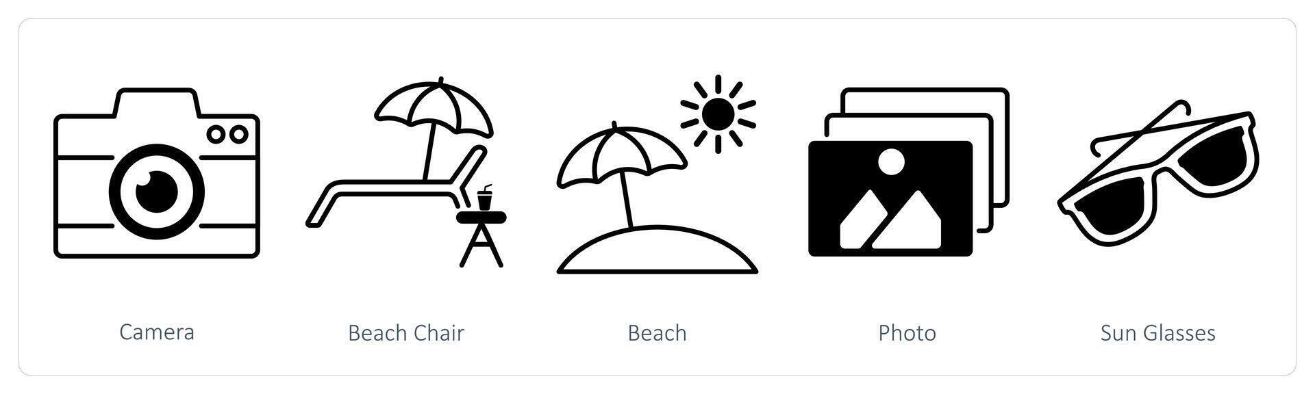 A set of 5 Summer and Travel icons as camera, beach chair, beach vector
