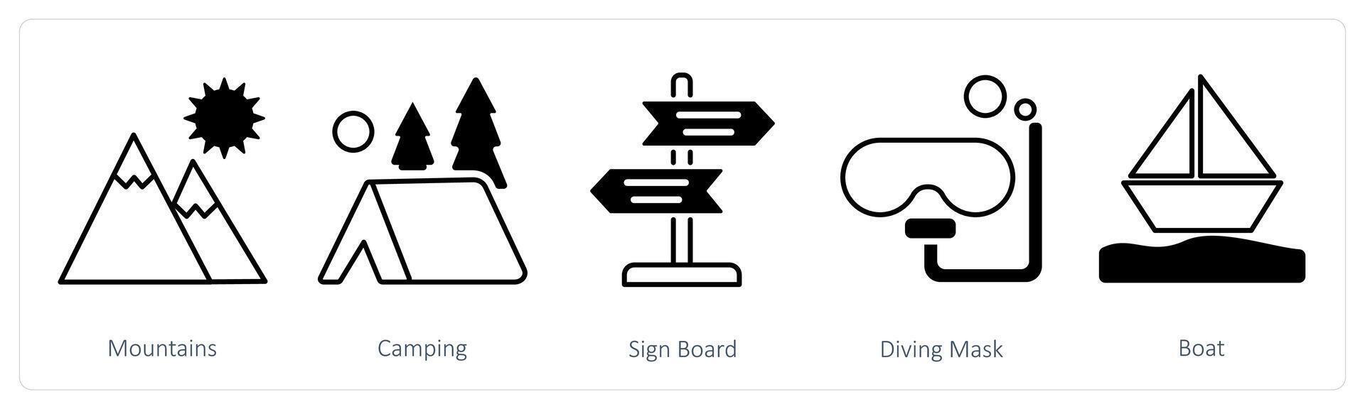 A set of 5 Summer and Travel icons as mountains, camping, sign board vector