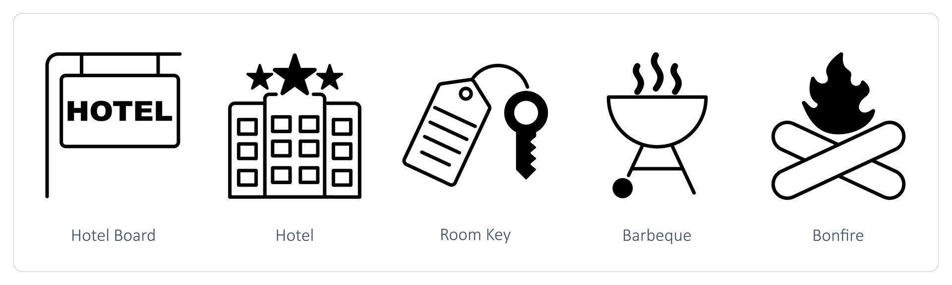 A set of 5 Summer and Travel icons as hotel board, hotel, room key vector
