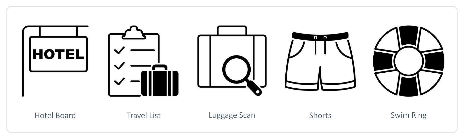 A set of 5 Summer and Travel icons as hotel board, travel list, luggage scan vector