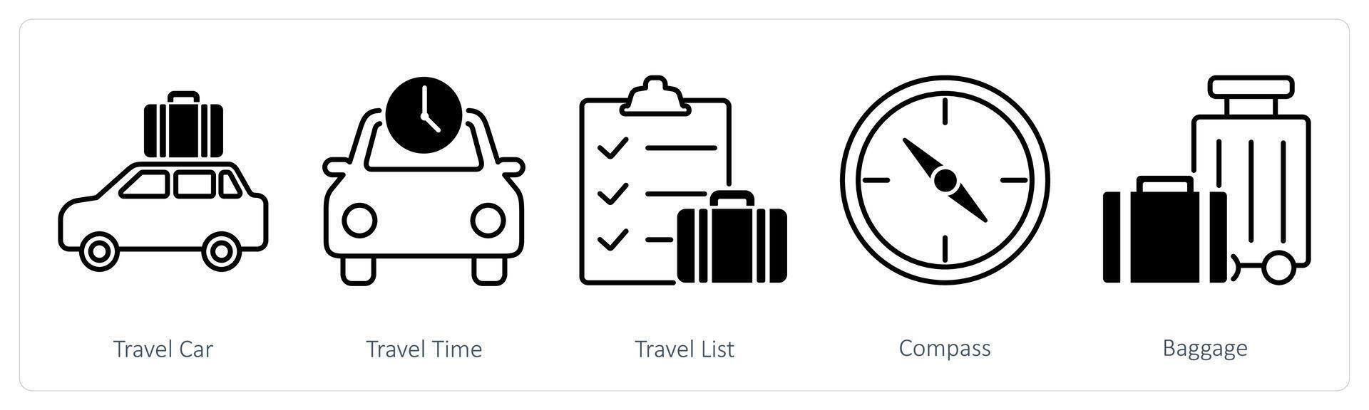 A set of 5 Summer and Travel icons as travel car, travel time, travel list vector