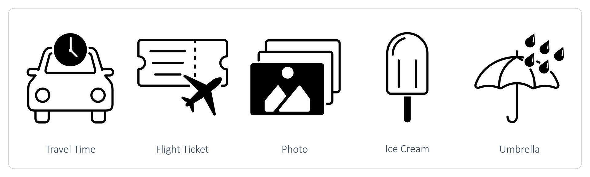 A set of 5 Summer and Travel icons as travel time, flight ticket, photo vector