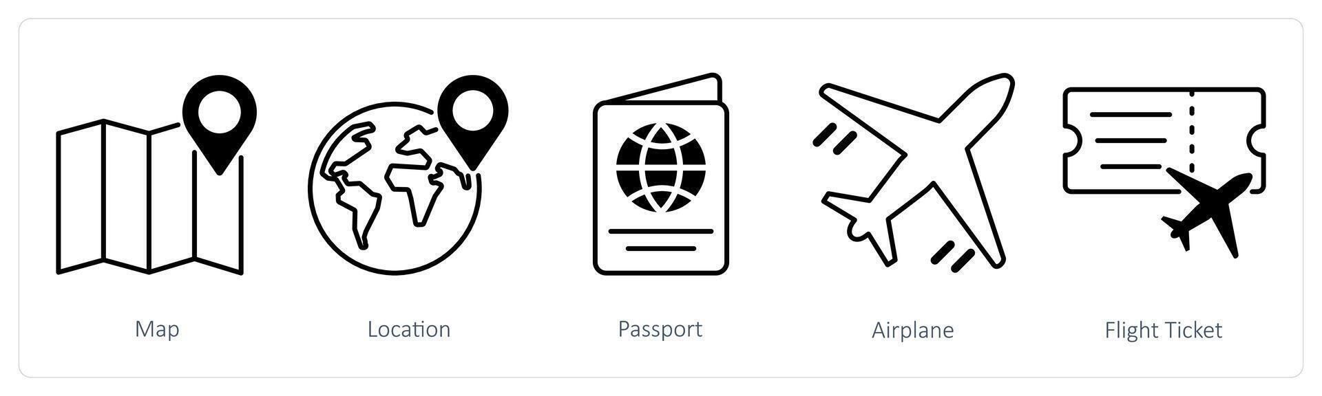 A set of 5 Summer and Travel icons as map, location, passport vector
