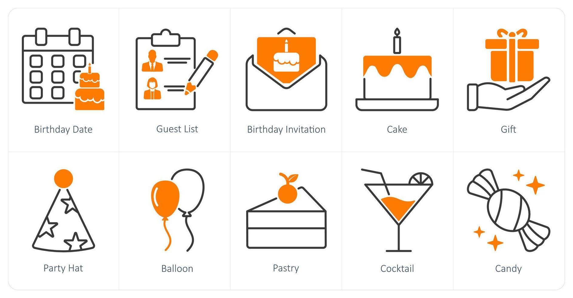 A set of 10 Party and Celebration icons as birthday date, guest list, birthday invitation vector