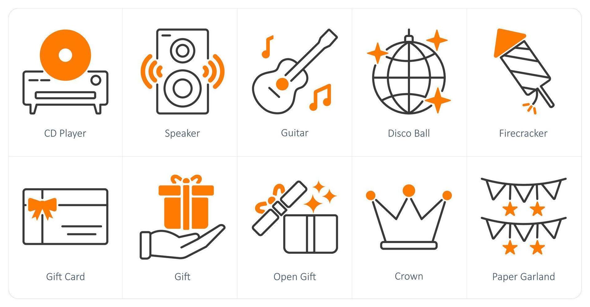 A set of 10 Party and Celebration icons as cd player, speaker, guitar vector