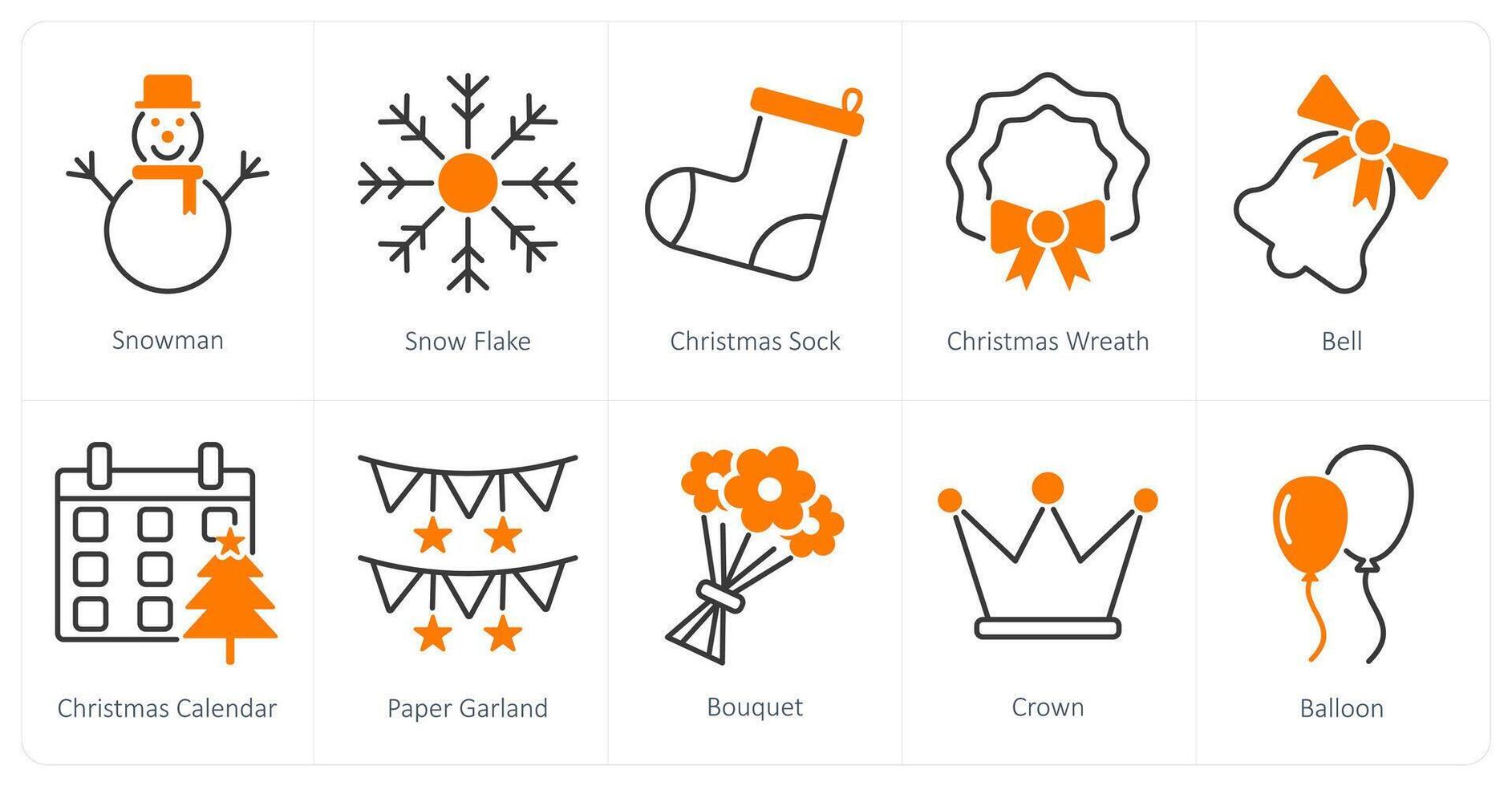 A set of 10 Party and Celebration icons as snowman, snow flake, christmas sock vector