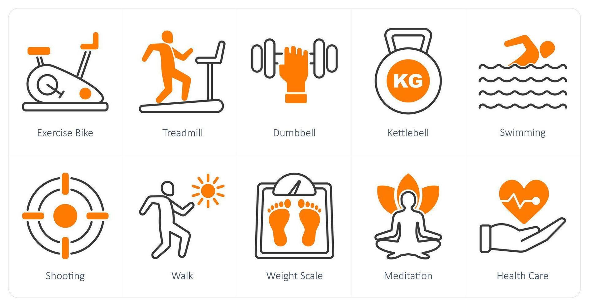 A set of 10 Sports and Fitness icons as exercise bike, treadmill, dumb bell vector