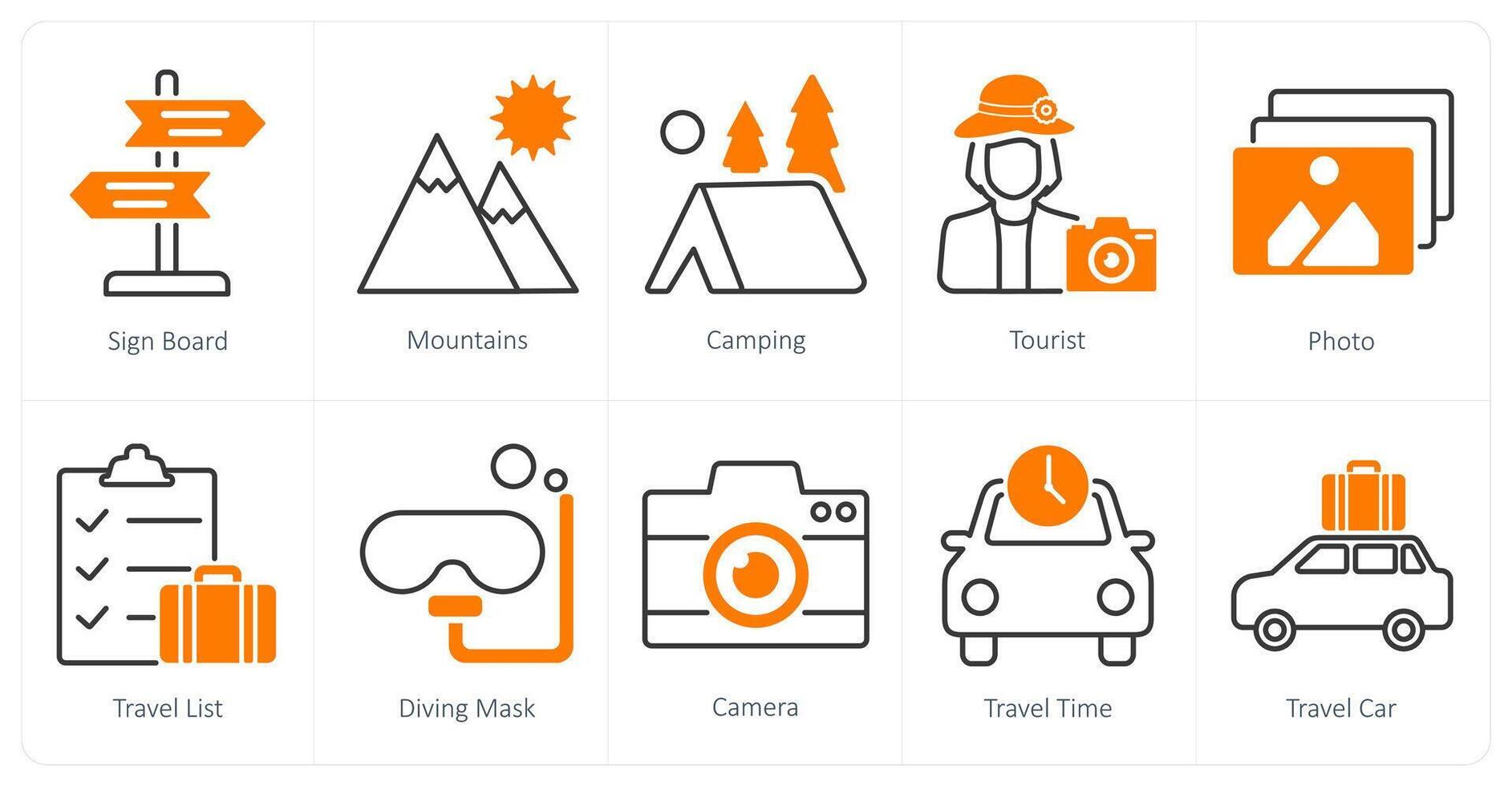 A set of 10 Summer and Vacation icons as sign board, mountains, camping vector