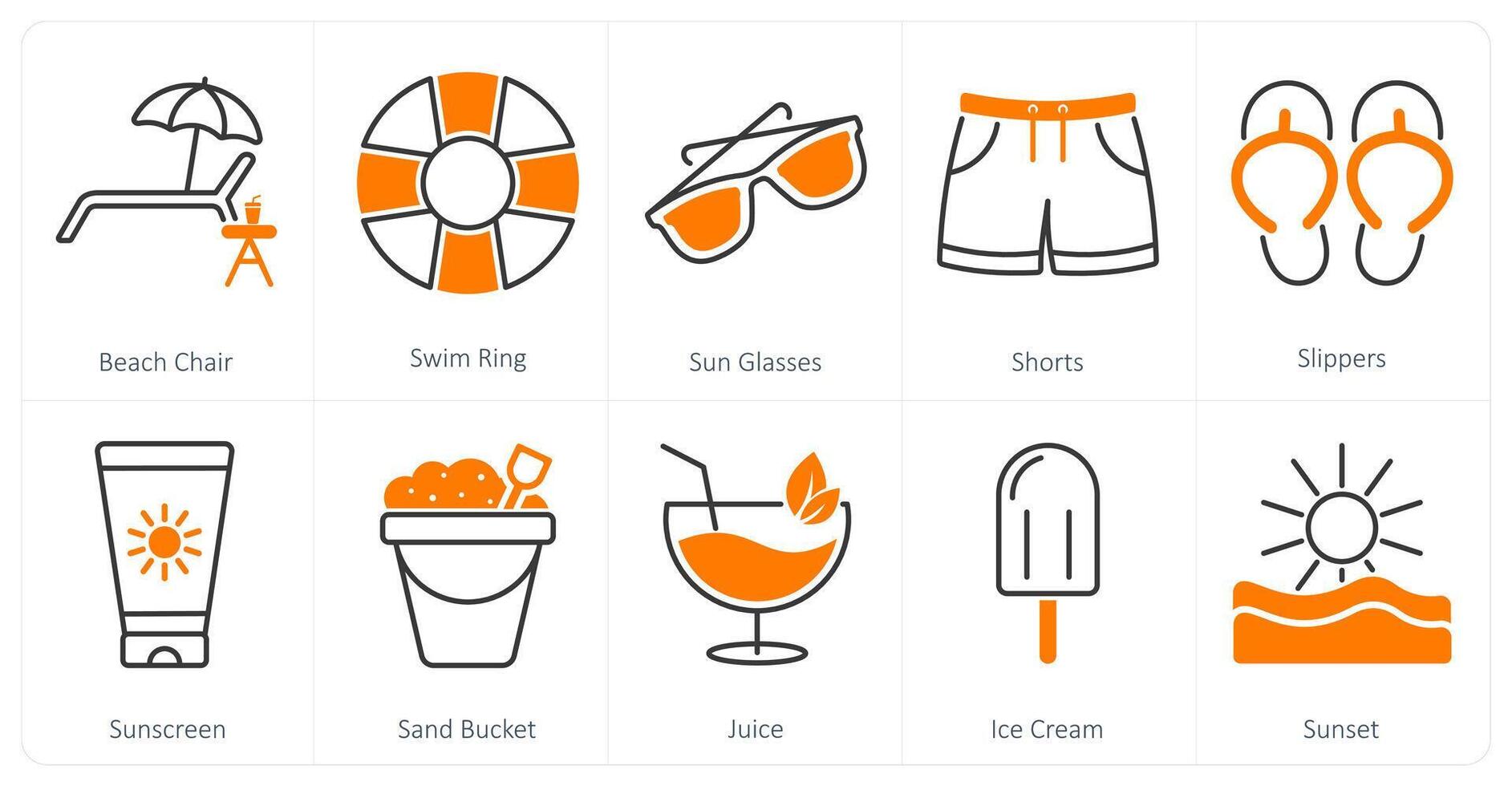A set of 10 Summer and Vacation icons as beach chair, swim ring, sun glasses vector