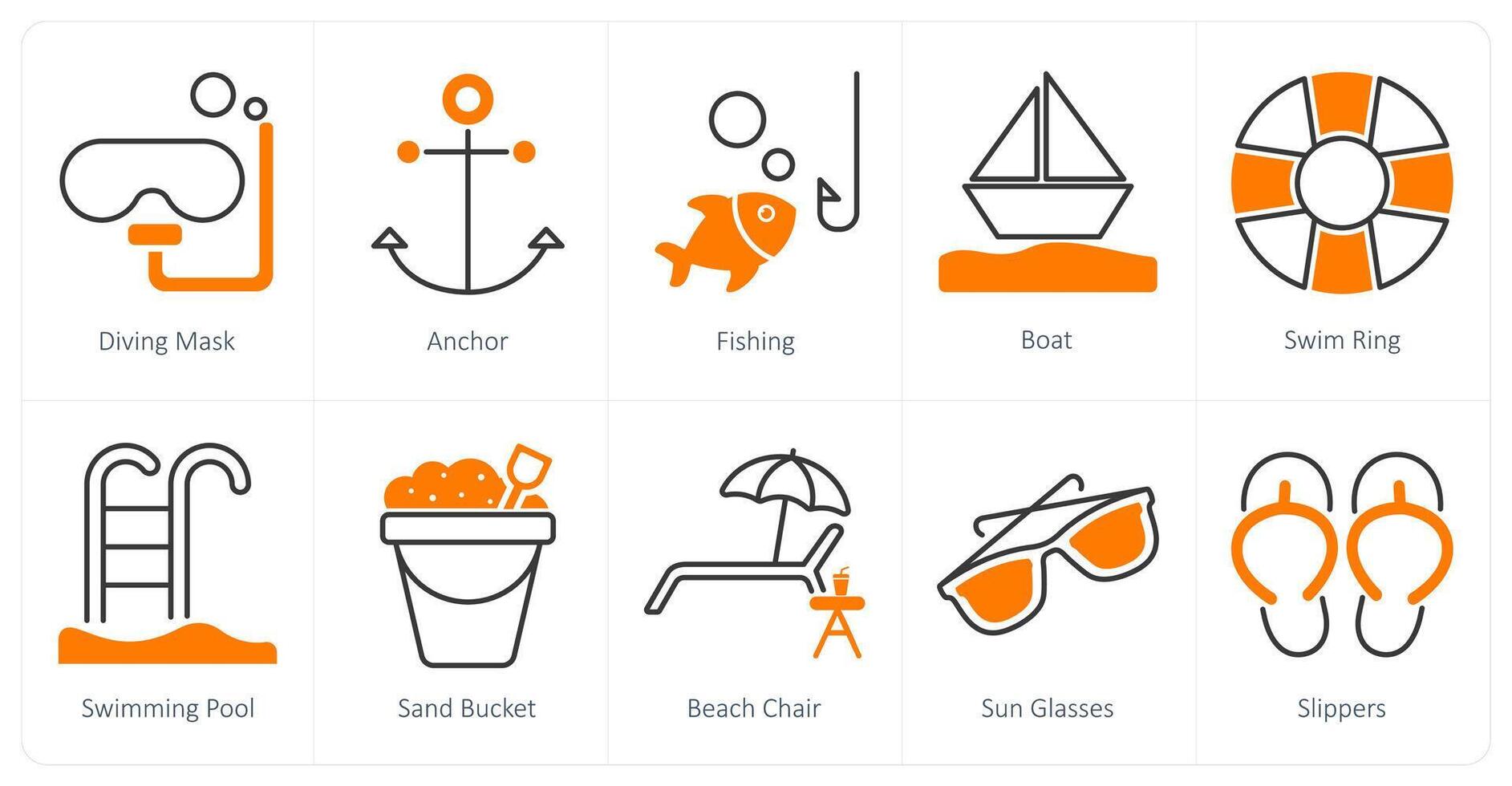 A set of 10 Summer and Vacation icons as diving mask, anchor, fishing vector