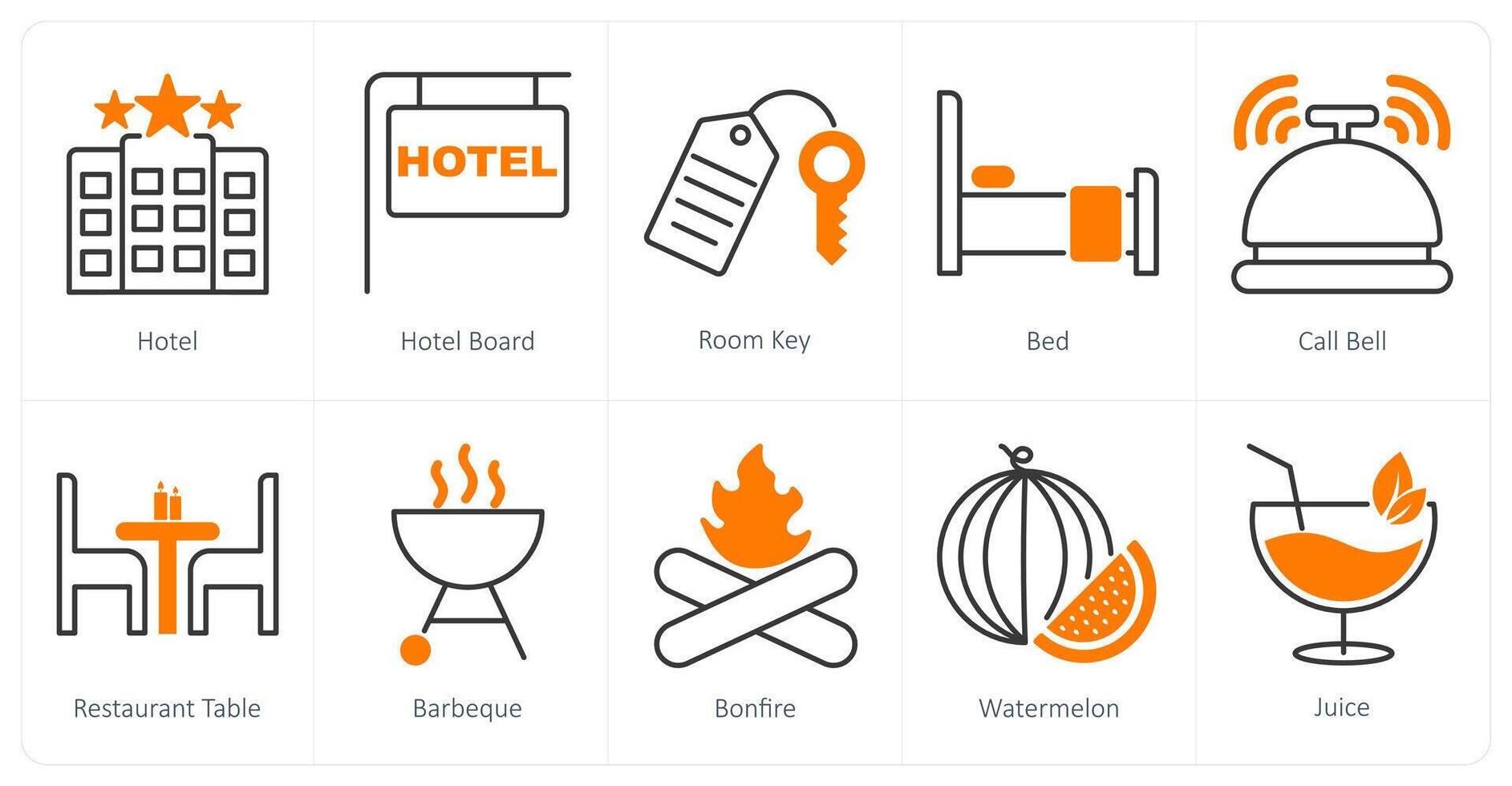 A set of 10 Summer and Vacation icons as hotel, hotel board, room key vector