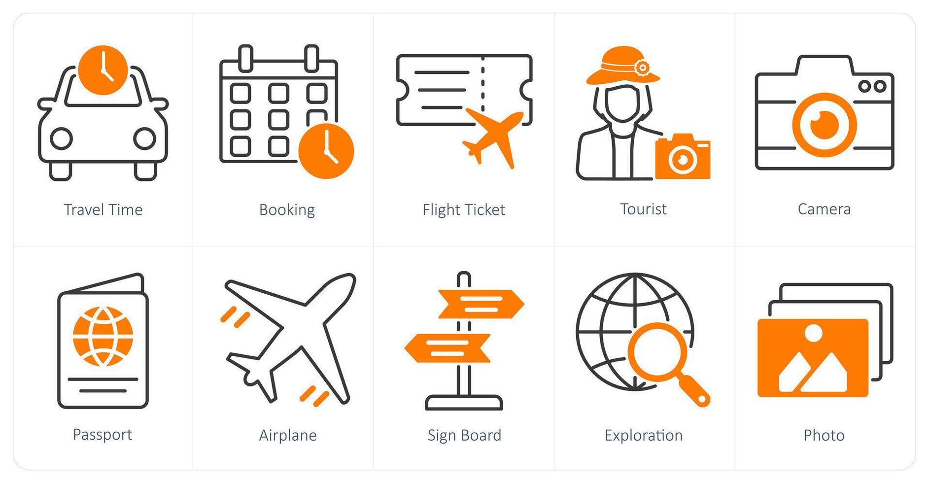 A set of 10 Summer and Vacation icons as travel time, booking, flight ticket vector
