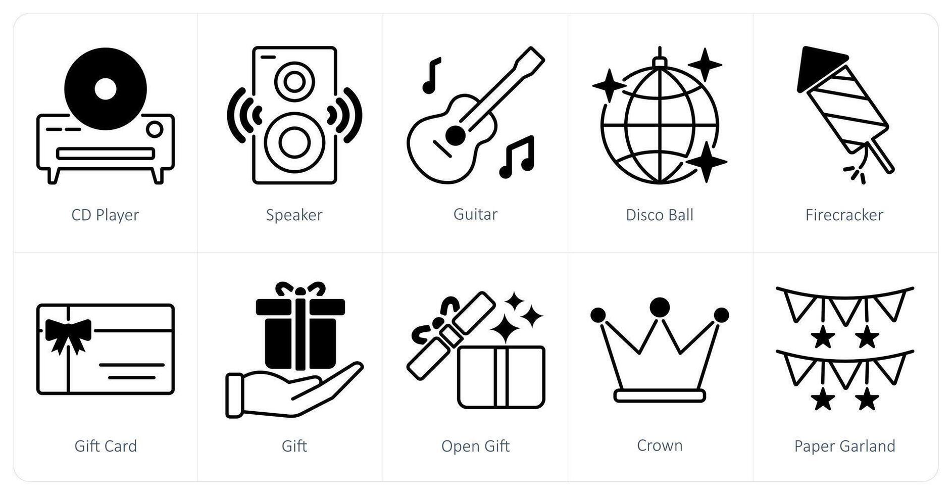 A set of 10 Party and Celebration icons as cd player, speaker, guitar vector