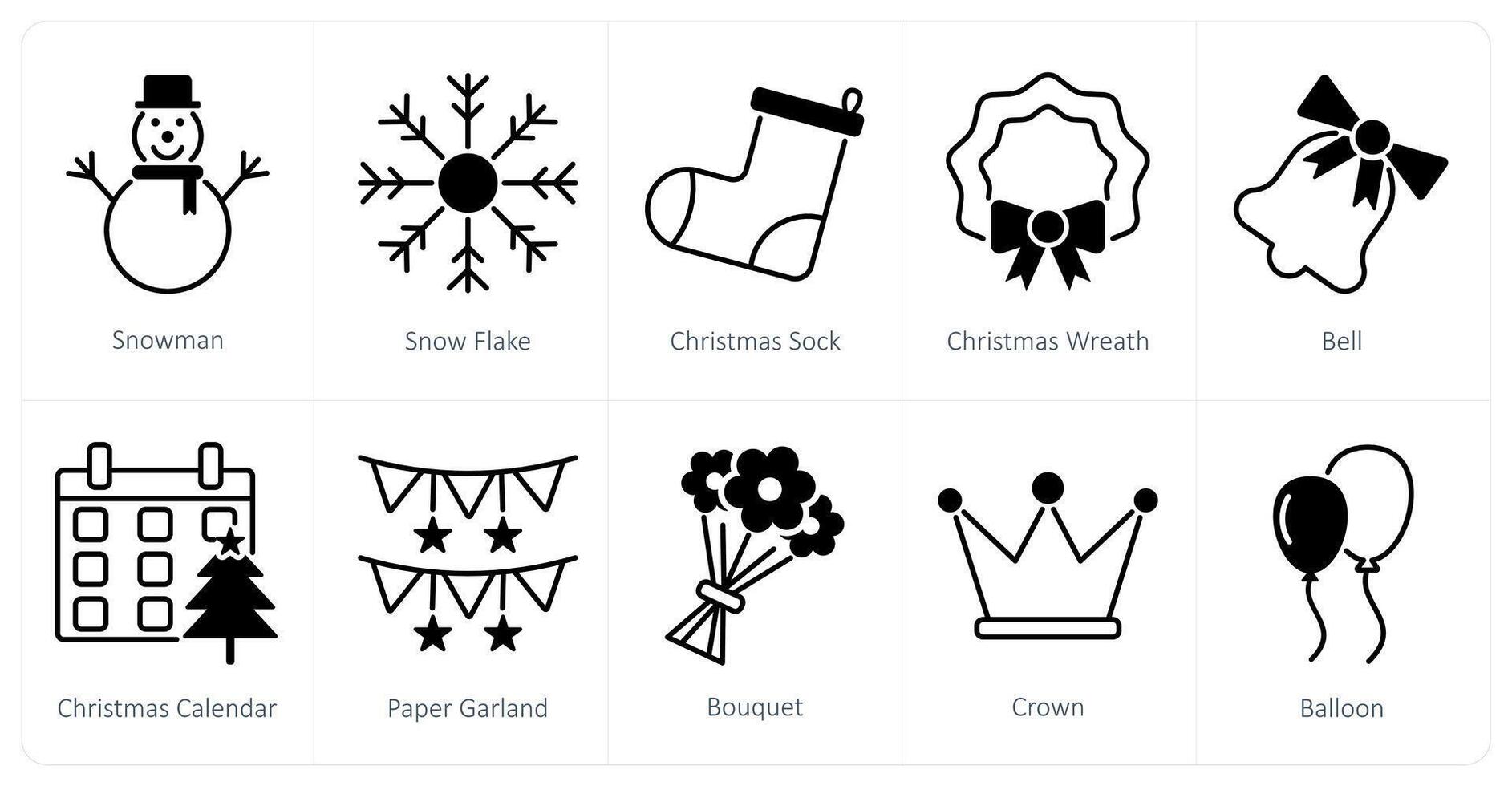 A set of 10 Party and Celebration icons as snowman, snow flake, christmas sock vector